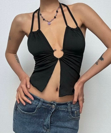 Sultry O-Ring Halter Cutout Crop Top - Y2K Fall Night Out Statement Piece