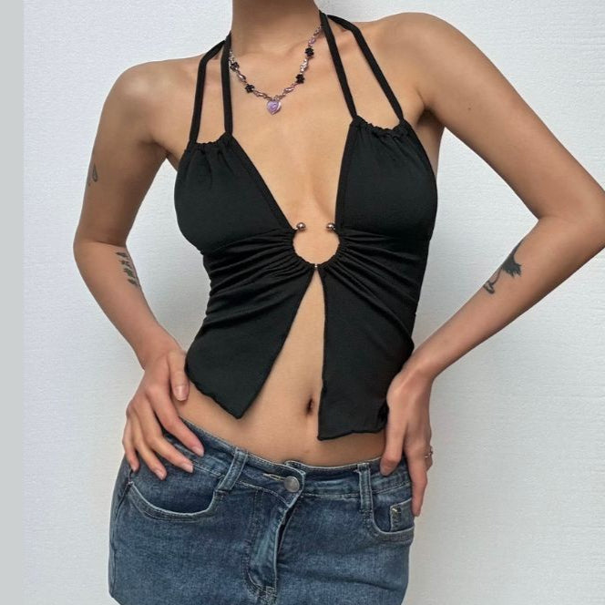 Sultry O-Ring Halter Cutout Crop Top - Y2K Fall Night Out Statement Piece