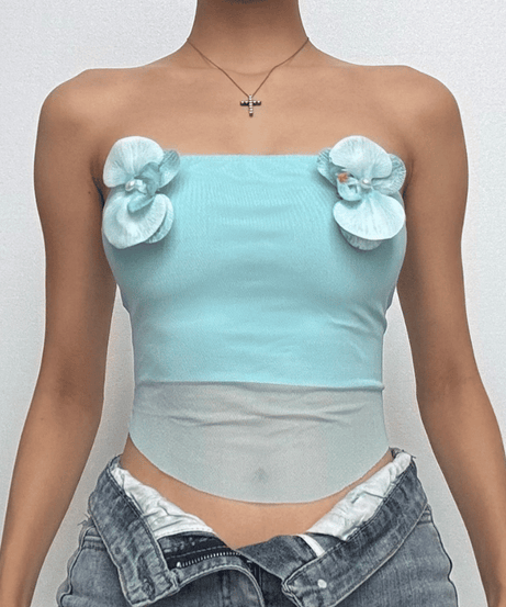 Whimsical Aqua Orchid Mesh Tube Top - Y2K Coquette Crop for Parties & Getaways
