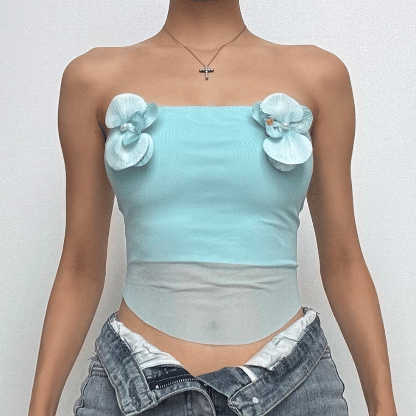 Whimsical Aqua Orchid Mesh Tube Top - Y2K Coquette Crop for Parties & Getaways
