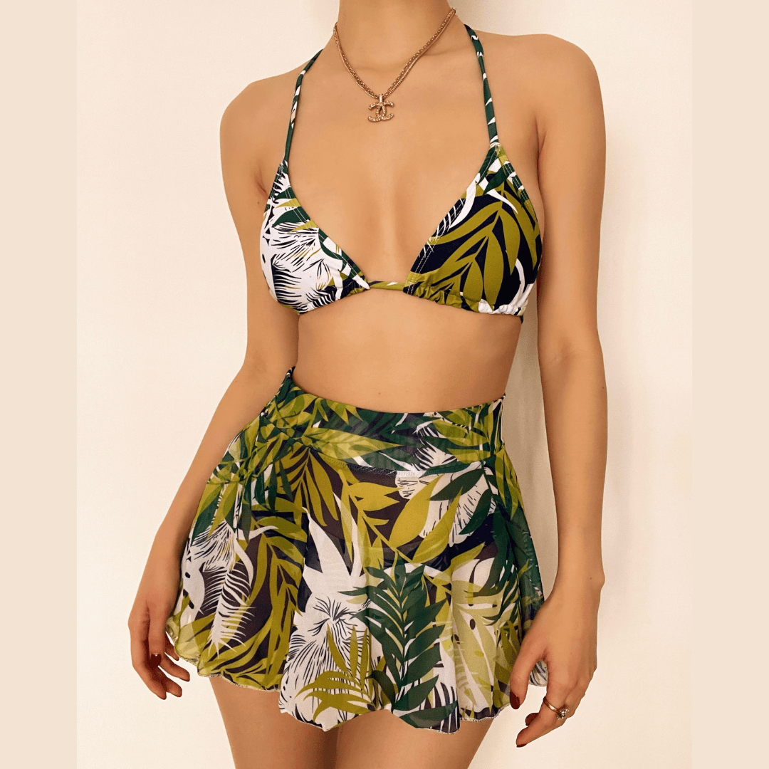 Chic Tropical Leaf Halter Skirted Swimsuit - Flattering Resort & Vacation Ready Bikini Set