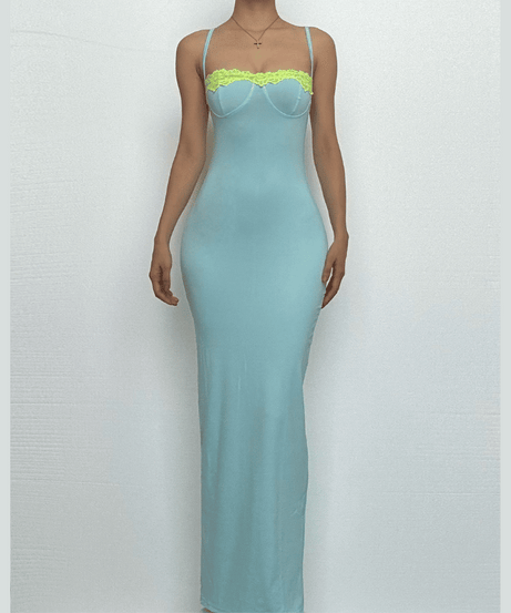 Siren Aqua Bodycon Maxi Dress with Neon Lime Lace Bust – Perfect for Fall Getaways & Glam Events