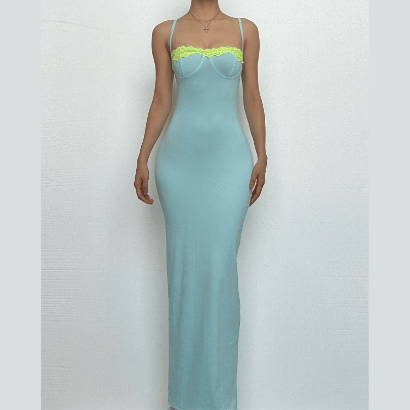 Siren Aqua Bodycon Maxi Dress with Neon Lime Lace Bust – Perfect for Fall Getaways & Glam Events