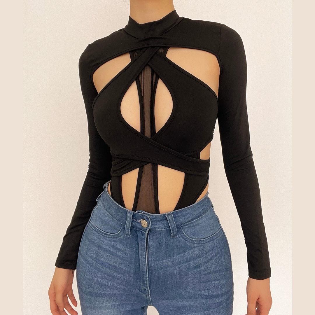 Edgy Long Sleeve Cutout Mesh Bodysuit - Your Daring Night Out & Halloween Statement Piece