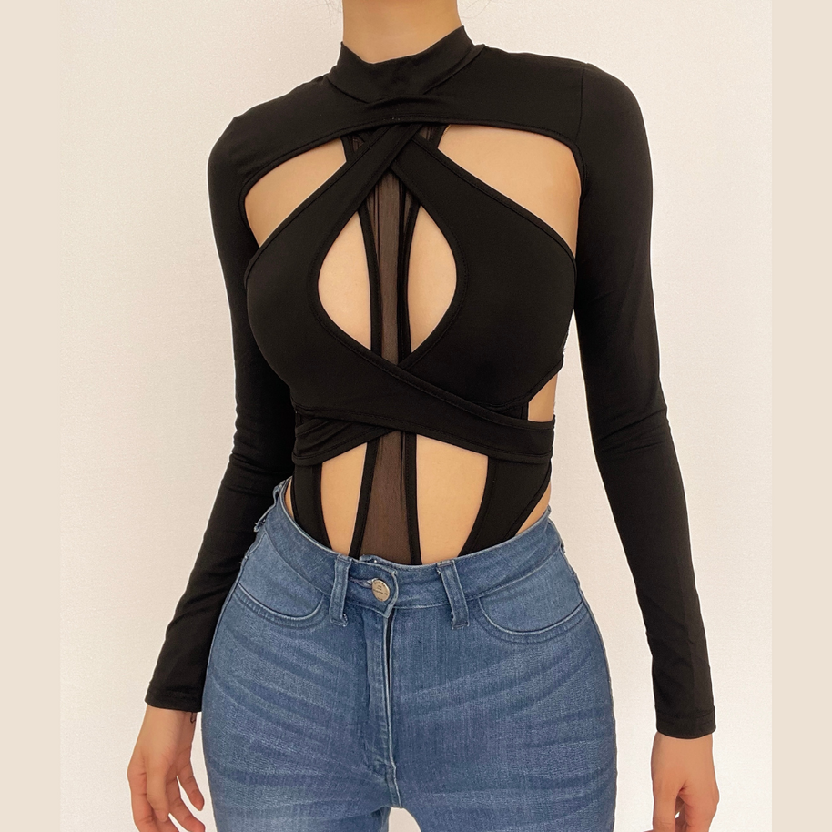 Edgy Long Sleeve Cutout Mesh Bodysuit - Your Daring Night Out & Halloween Statement Piece