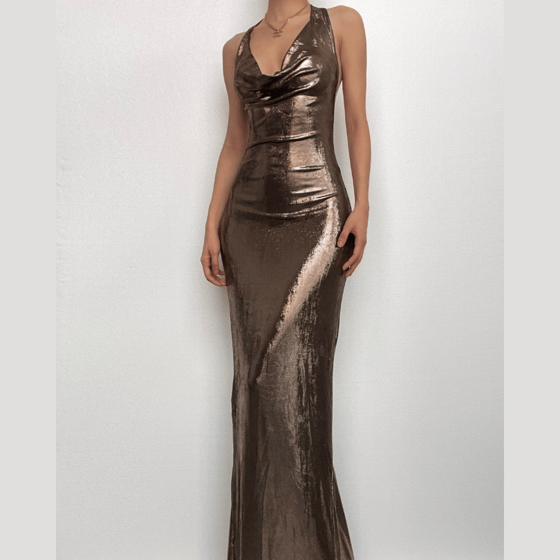 Radiant Liquid Bronze Halter Maxi Gown - Your Glamorous Pick for Holiday Parties & NYE