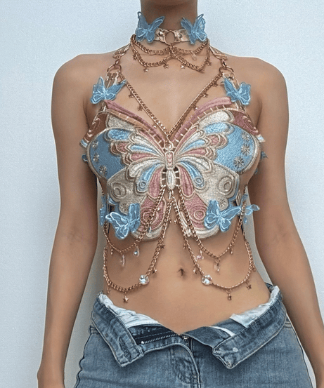 Enchanted Butterfly Halter Top & Body Chain with Choker | Festival Rave & Halloween Statement Piece