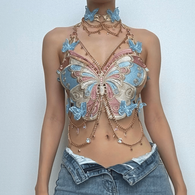Enchanted Butterfly Halter Top & Body Chain with Choker | Festival Rave & Halloween Statement Piece