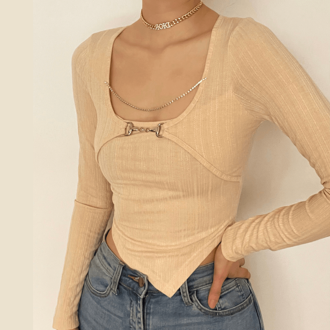 Elevated Fall Ribbed Knit Long Sleeve Top | Chic Chain & Buckle Detail, Asymmetrical Hem