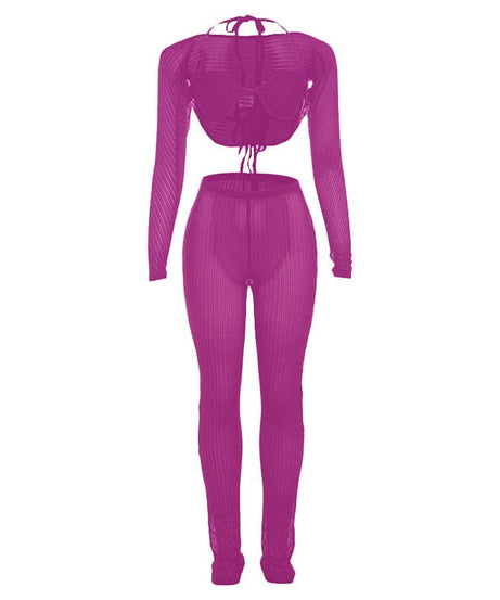 Fall Getaway Essential: Sheer Ribbed Knit Halter Crop Top & High-Waist Leggings Set - Resort & Festival Ready