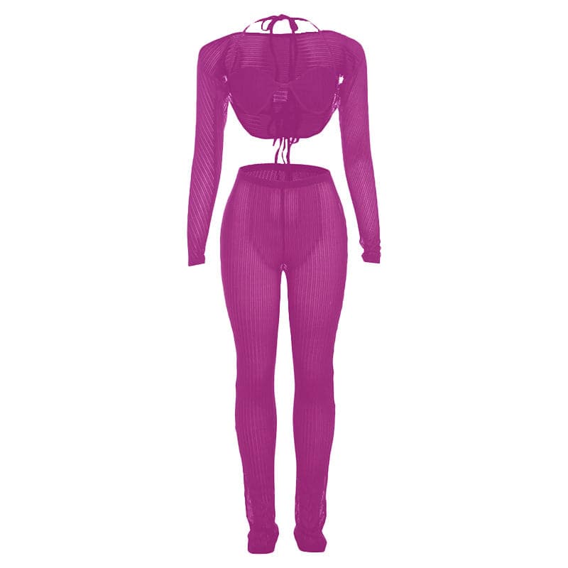 Fall Getaway Essential: Sheer Ribbed Knit Halter Crop Top & High-Waist Leggings Set - Resort & Festival Ready