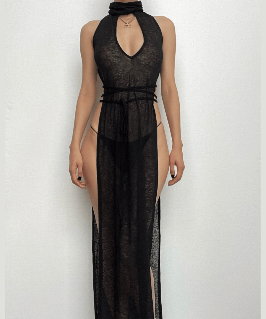Mystic Vixen Hooded Sheer Maxi Dress – Daring Cutouts & High Slits for Halloween & Club Nights