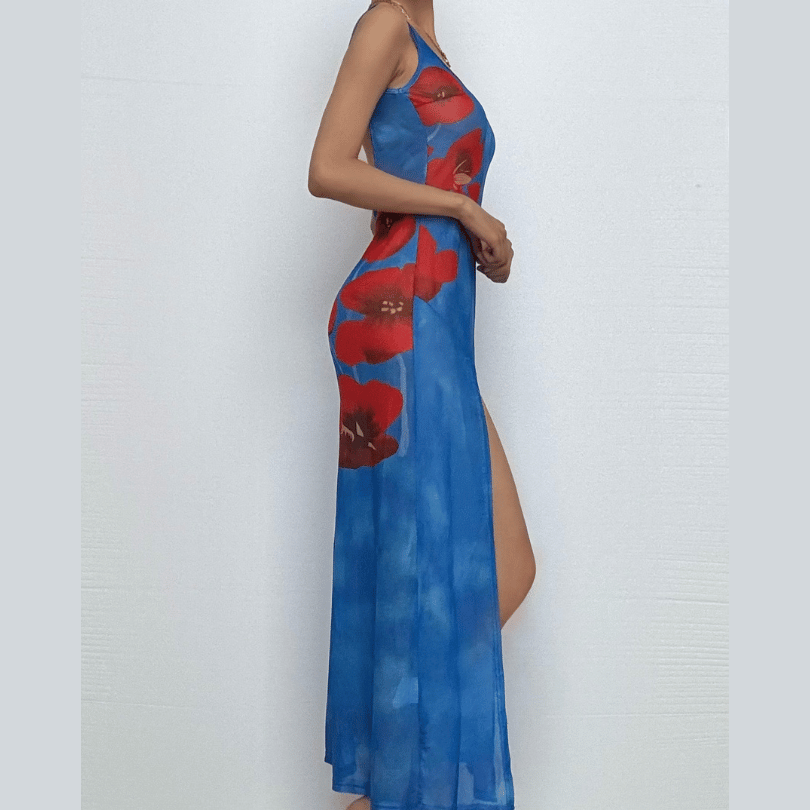 Stunning Blue Poppy Print Sheer Mesh Midi Dress with Slit & Backless Detail – Your Go-To for Fall Parties & Resort Getaways