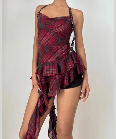 Fall Punk Plaid Asymmetrical Halter Top - Edgy Buckle & Ruffle for Halloween & Beyond