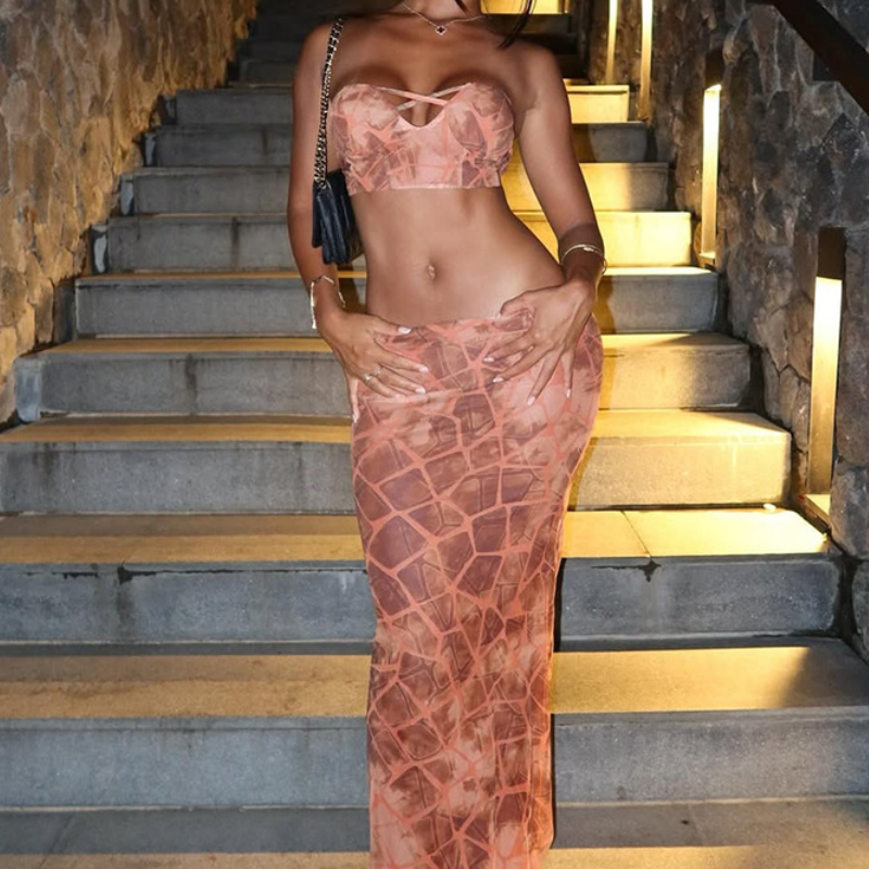 Siren Sunset Mesh Two-Piece Set: Strapless Crop Top & Maxi Skirt