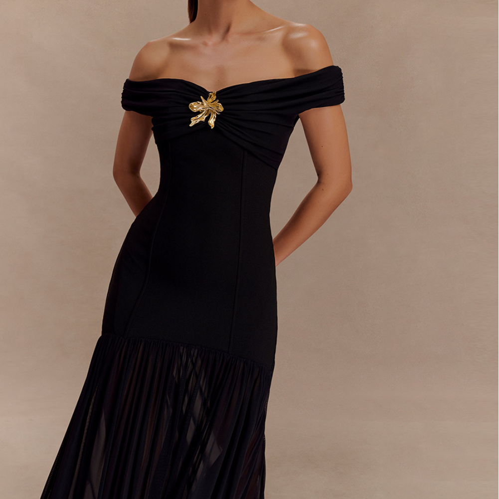 Blush Pink Off-Shoulder Mesh Maxi Dress - Enchanting Fall Gala & Holiday Party Gown