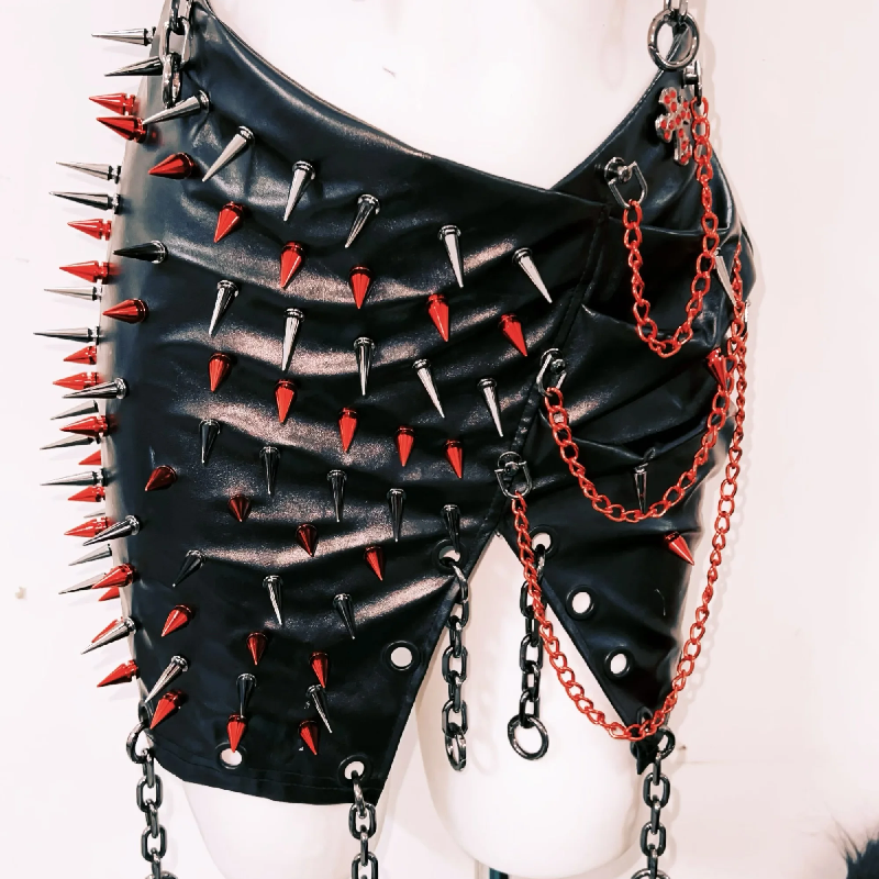 Unleash Your Edge: Spiked & Chained Gothic Halter Mini Skirt Set - Ultimate Halloween & Clubwear Statement