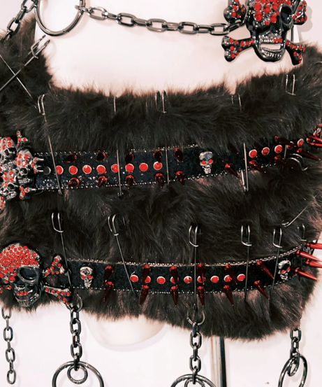 Rebellious Spiked Faux Fur Two-Piece Set: Goth Skull Crop Top & Mini Skirt for Halloween & Raves