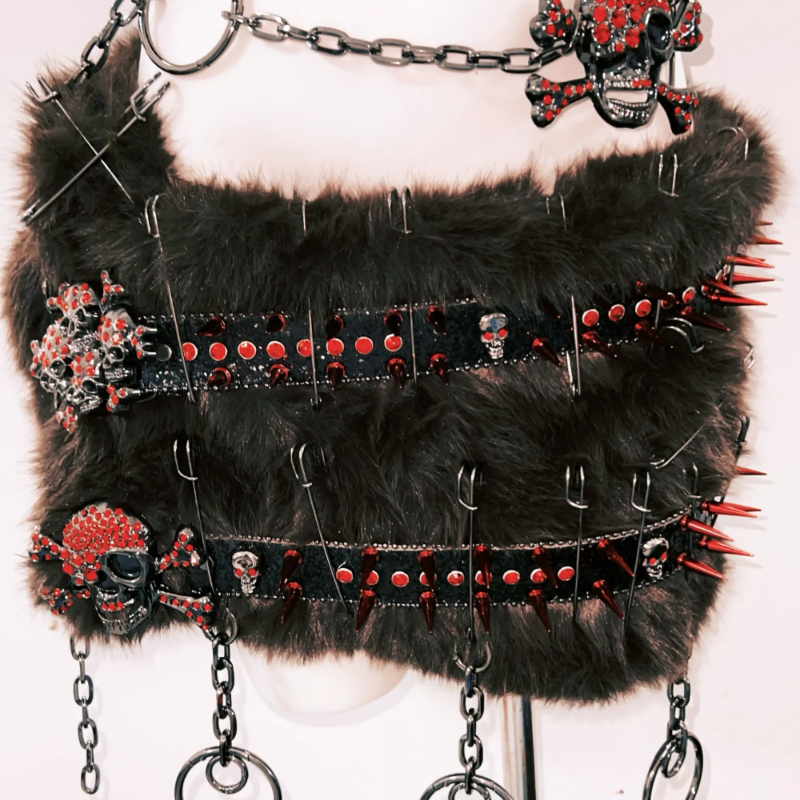 Rebellious Spiked Faux Fur Two-Piece Set: Goth Skull Crop Top & Mini Skirt for Halloween & Raves