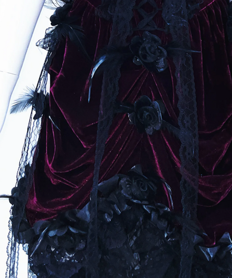 Enchanting Midnight Bloom Gothic Velvet & Lace Off-Shoulder Dress – Perfect for Halloween & Fall Elegance