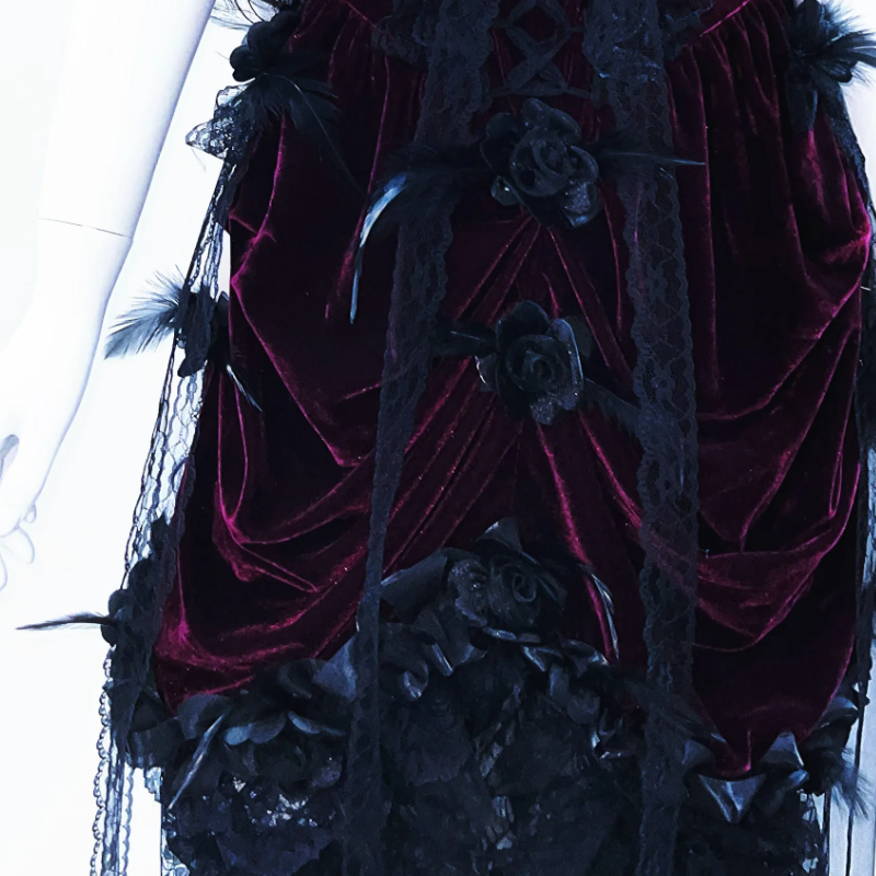 Enchanting Midnight Bloom Gothic Velvet & Lace Off-Shoulder Dress – Perfect for Halloween & Fall Elegance