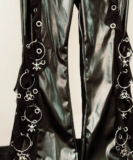 Rebel Heart Faux Leather O-Ring Flare Pants - Edgy Gothic Bell Bottoms with Cross Charms & Chain Belt for Fall & Halloween