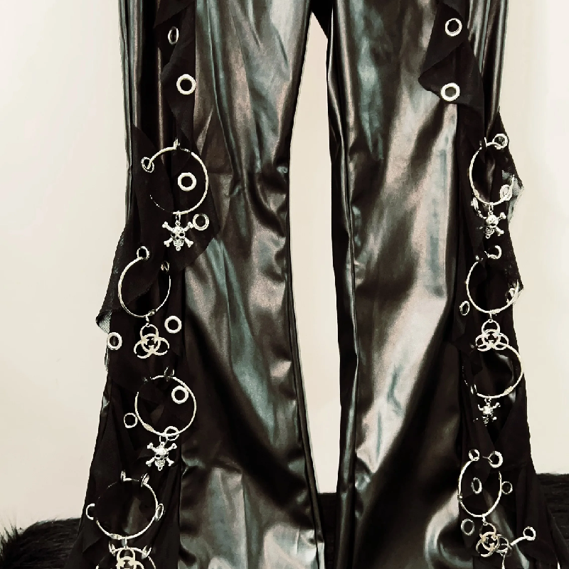 Rebel Heart Faux Leather O-Ring Flare Pants - Edgy Gothic Bell Bottoms with Cross Charms & Chain Belt for Fall & Halloween