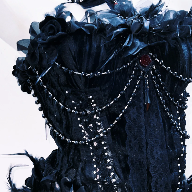Gothic Glamour Feather & Chain Embellished Maxi Gown - Dark Romance for Halloween & Fall Galas