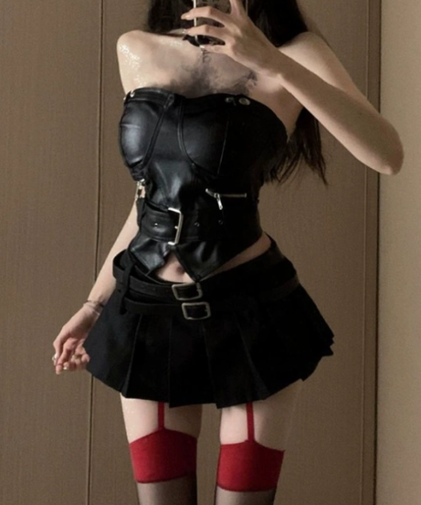 Fierce Faux Leather Bustier & Pleated Mini Skirt Set – Your Ultimate Fall & Halloween Party Look
