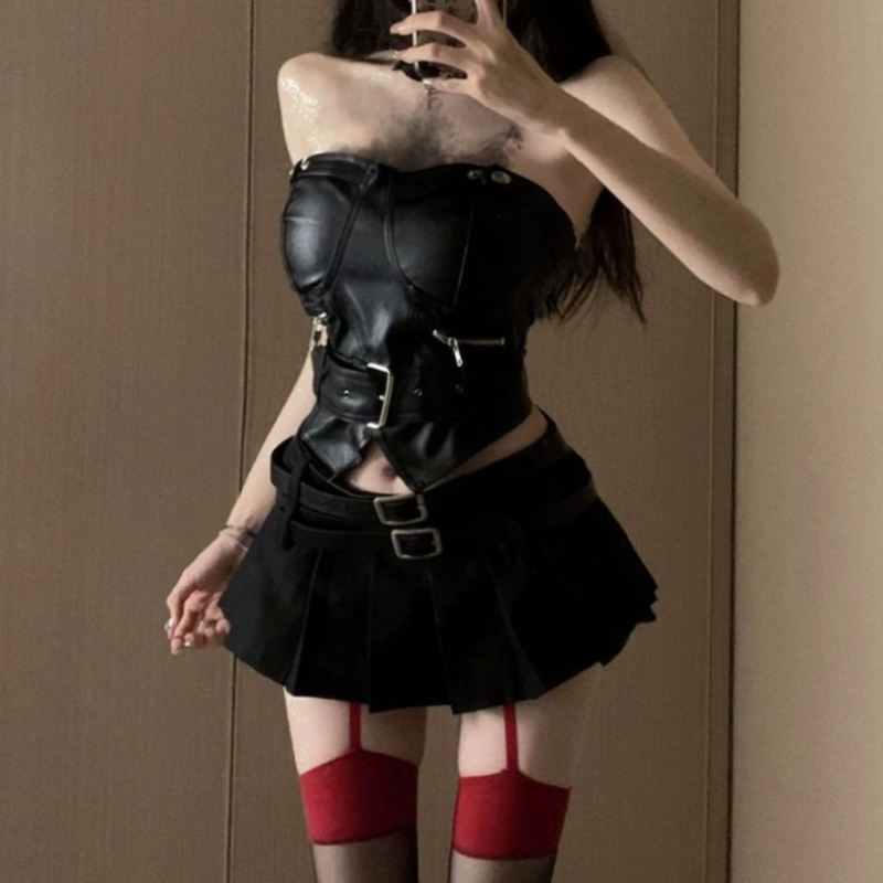 Fierce Faux Leather Bustier & Pleated Mini Skirt Set – Your Ultimate Fall & Halloween Party Look