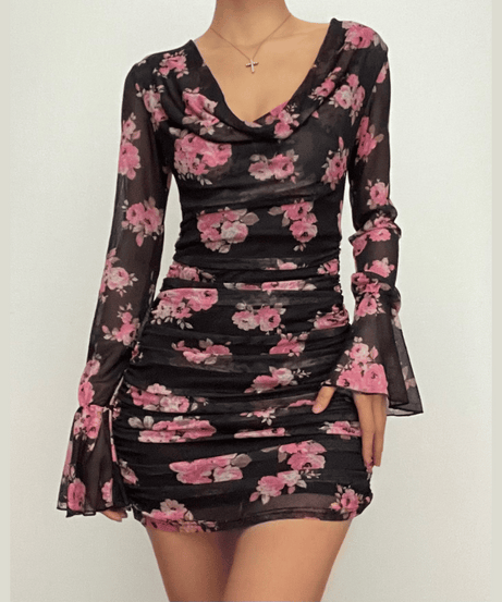 Enchanting Fall Floral Mesh Mini Dress | Chic Cowl Neck & Bell Sleeves