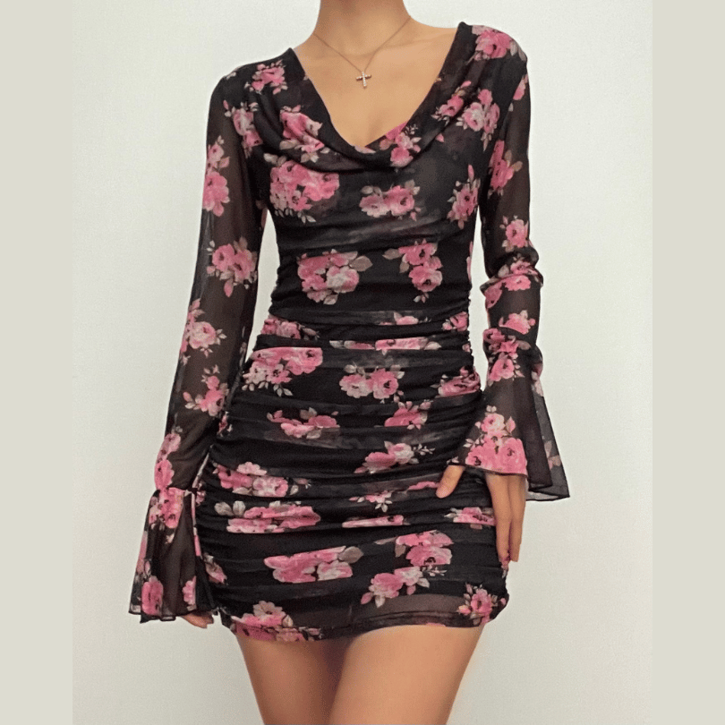 Enchanting Fall Floral Mesh Mini Dress | Chic Cowl Neck & Bell Sleeves