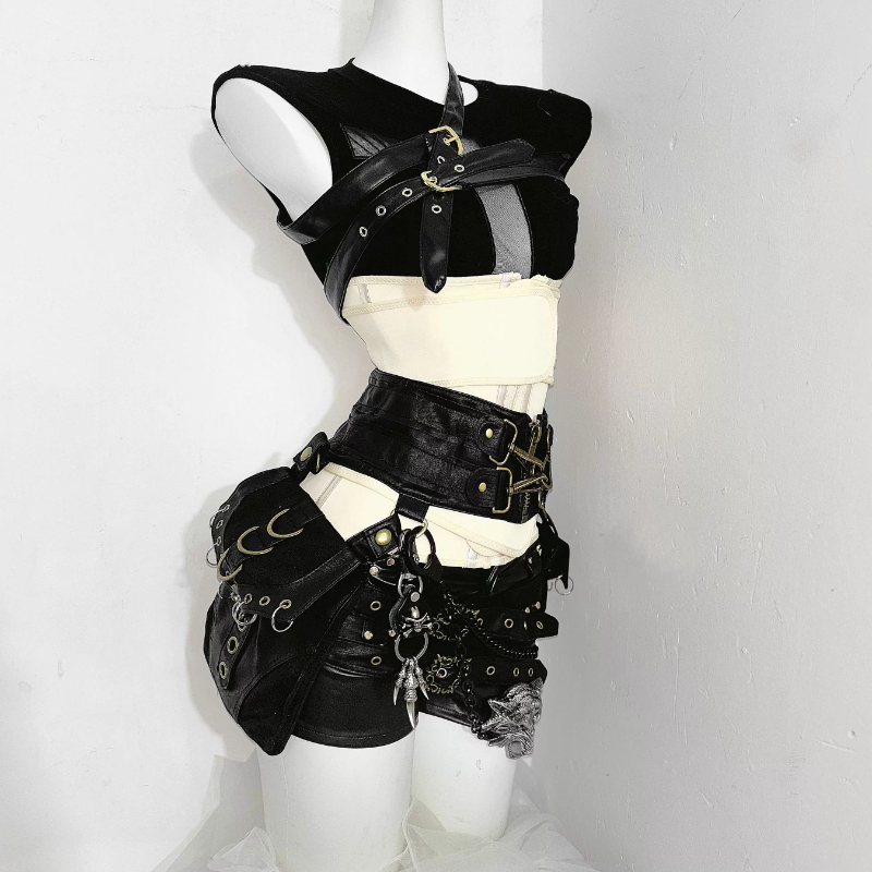 Edgy Faux Leather Harness Sleeveless Top | Chic Buckle Detail for Fall & Halloween