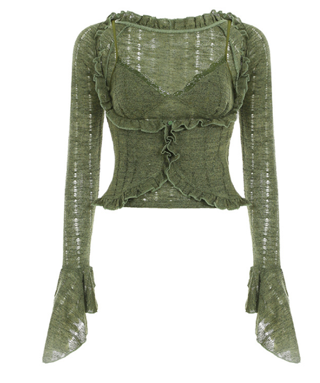 Enchanting Olive Green Ruffle Knit Crop Top | Y2K Flared Sleeve & Lace Detail for Fall