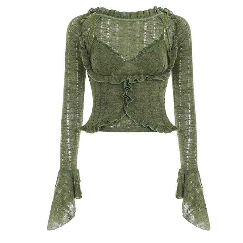 Enchanting Olive Green Ruffle Knit Crop Top | Y2K Flared Sleeve & Lace Detail for Fall