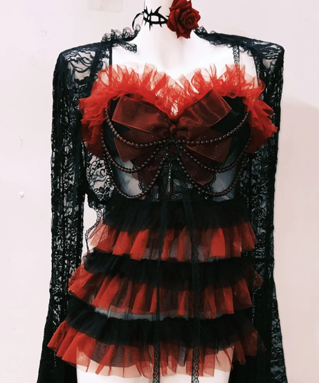 Vampire Vixen Ruffled Mini Dress with Lace Shrug – Halloween & Dark Romance Party Wear