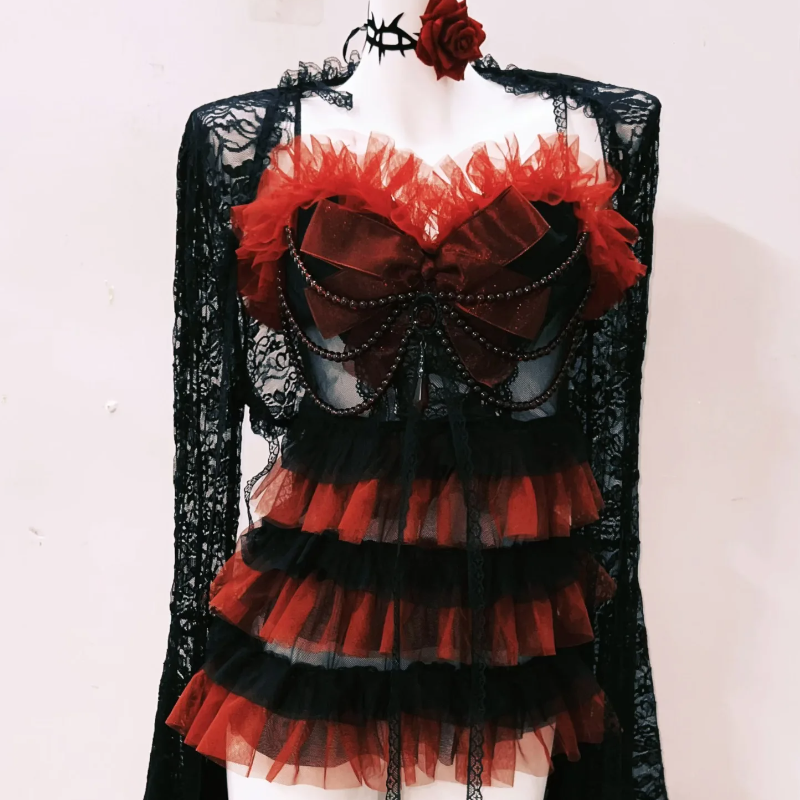 Vampire Vixen Ruffled Mini Dress with Lace Shrug – Halloween & Dark Romance Party Wear