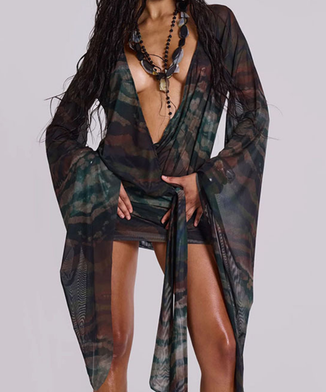Autumn Allure Deep V Mesh Wrap Mini Dress - Flowy Sleeves & Abstract Print