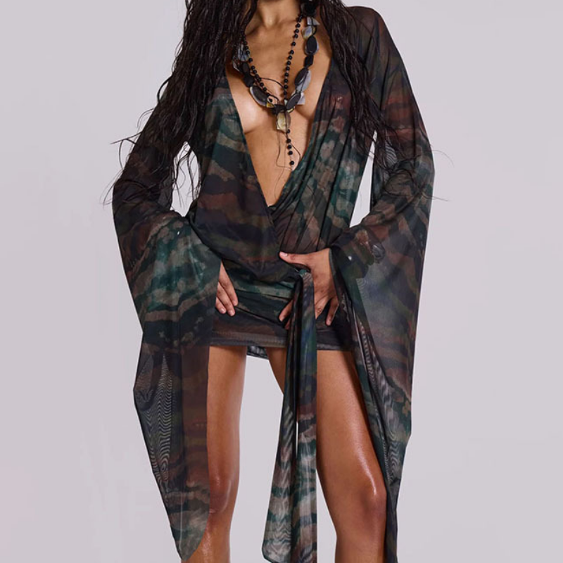 Autumn Allure Deep V Mesh Wrap Mini Dress - Flowy Sleeves & Abstract Print