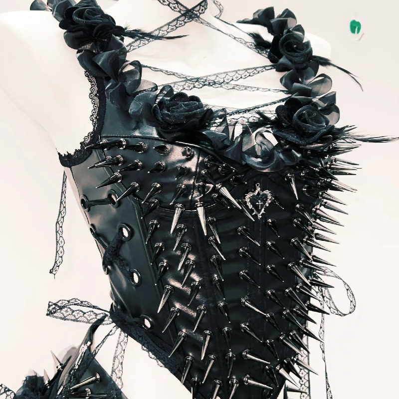 Spiked Gothic Faux Leather Corset & Tulle Skirt Set - Halloween & Fall Festival Ready