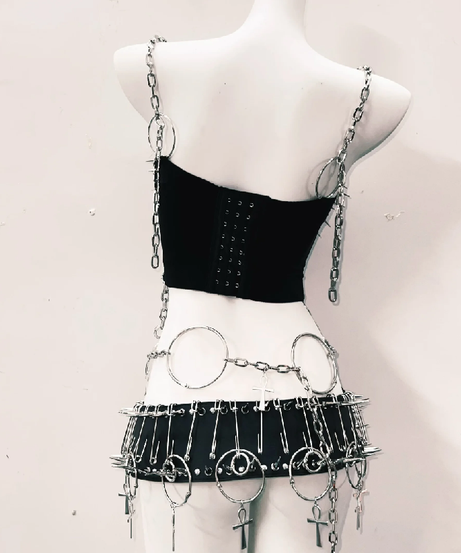 Spiked Ankh Gothcore Halloween Festival Two-Piece Set | Edgy Chain & O-Ring Outfit for American Women