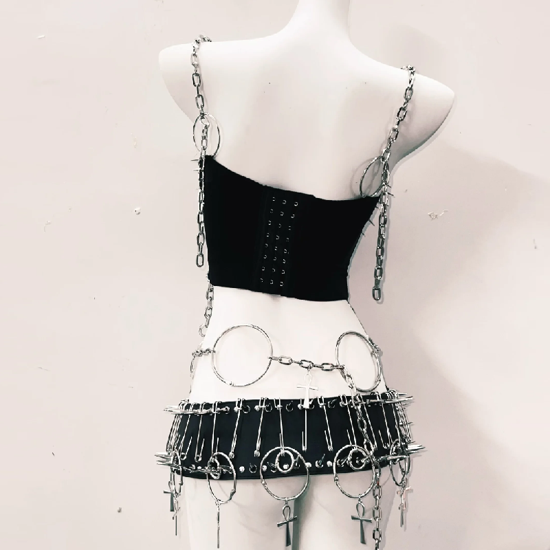 Spiked Ankh Gothcore Halloween Festival Two-Piece Set | Edgy Chain & O-Ring Outfit for American Women