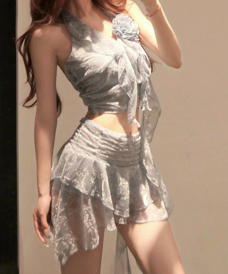 Dazzling Shimmer Ruffle Halter Mini Skirt Set - Your Festive Holiday & NYE Glam