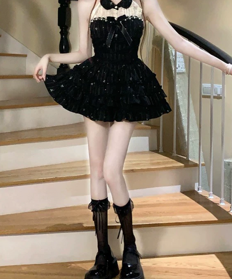 Coquette Charm Black Pinstripe Halter Mini Dress | Lace Collar, Ruffles & Pearl Accents – Your Go-To for Fall Parties & Holiday Glam