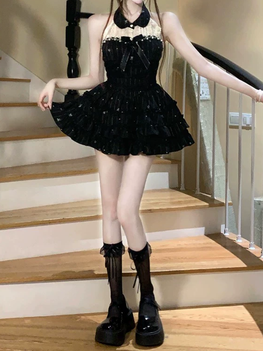 Coquette Charm Black Pinstripe Halter Mini Dress | Lace Collar, Ruffles & Pearl Accents – Your Go-To for Fall Parties & Holiday Glam