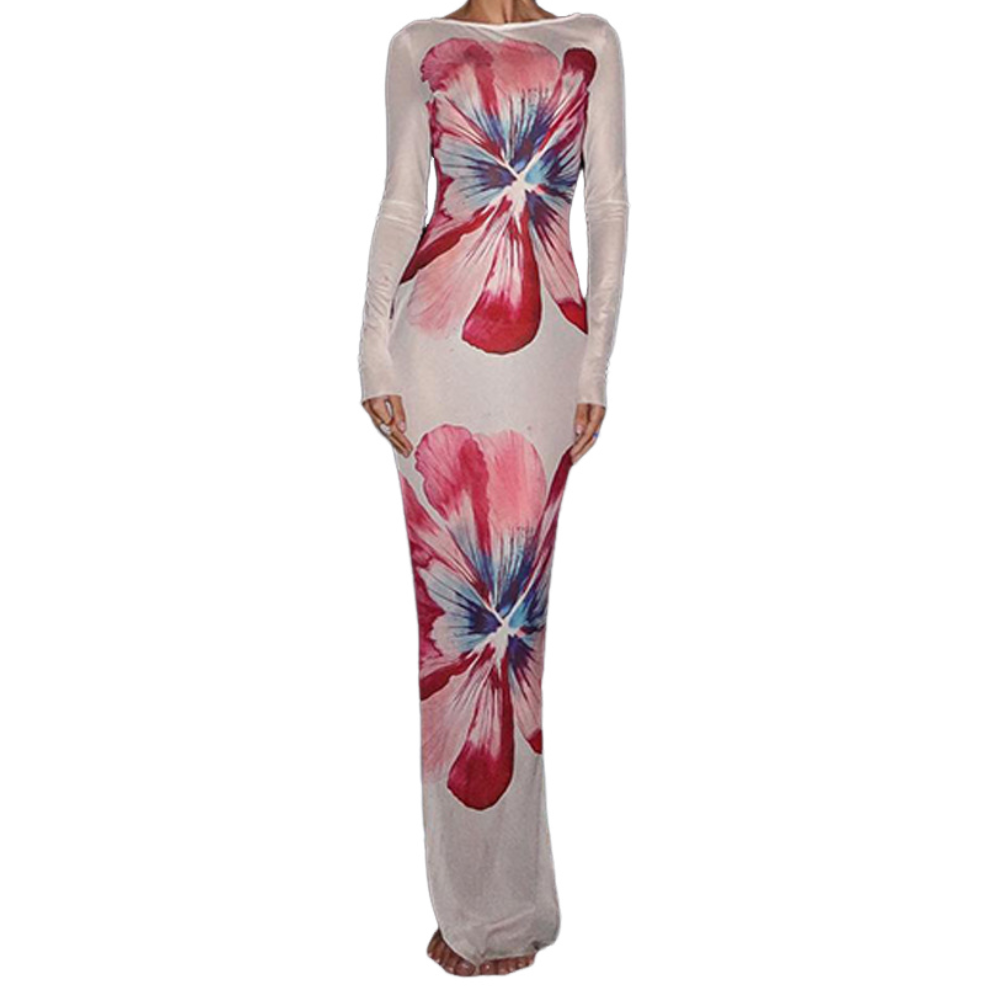 Vibrant Floral Mesh Maxi Dress - Long Sleeve Bodycon for Fall Events & Chic Style