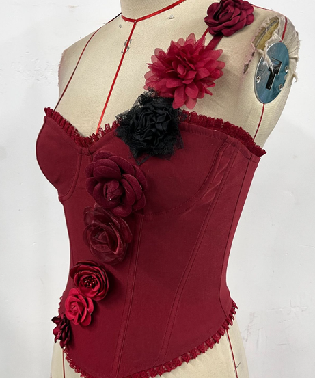 Enchanting Wine Red Floral Corset Top with Delicate Lace & 3D Appliques - Fall & Holiday Ready