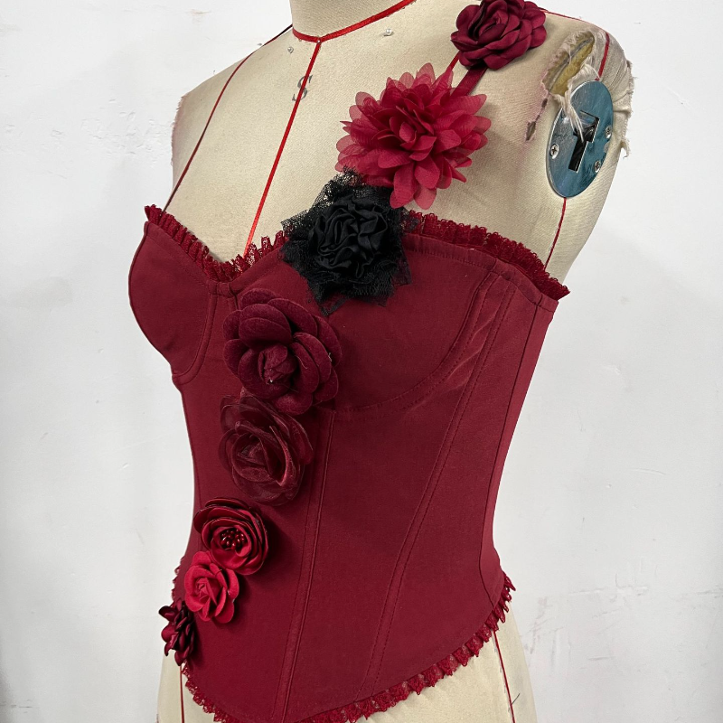 Enchanting Wine Red Floral Corset Top with Delicate Lace & 3D Appliques - Fall & Holiday Ready