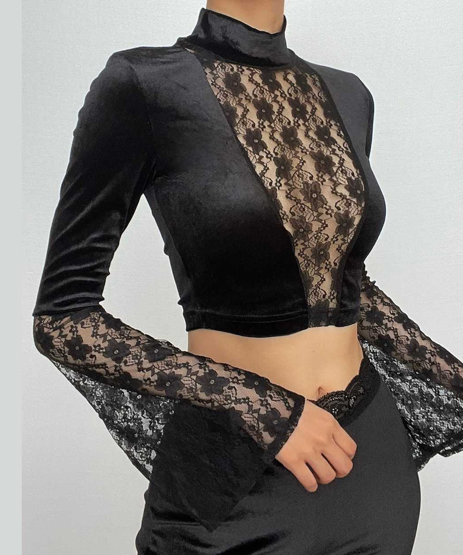 Midnight Enchantress Velvet & Lace Crop Top | High Neck Bell Sleeve Blouse for Fall & Halloween
