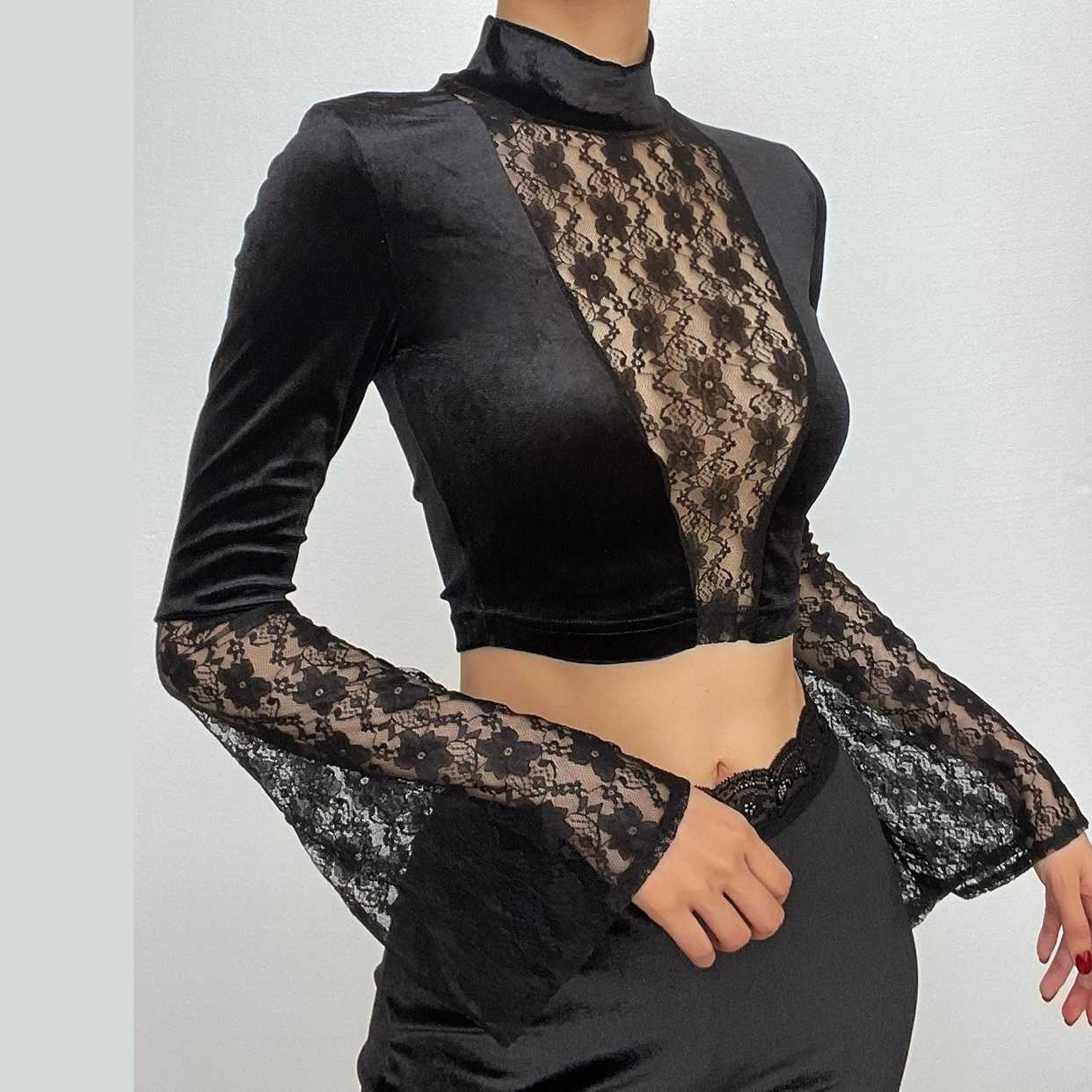 Midnight Enchantress Velvet & Lace Crop Top | High Neck Bell Sleeve Blouse for Fall & Halloween